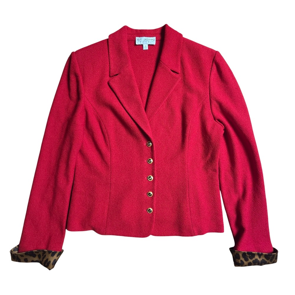 St. John Santana Knit Blazer 14 Leopard Trim Gold Buttons 90s Power Dressing